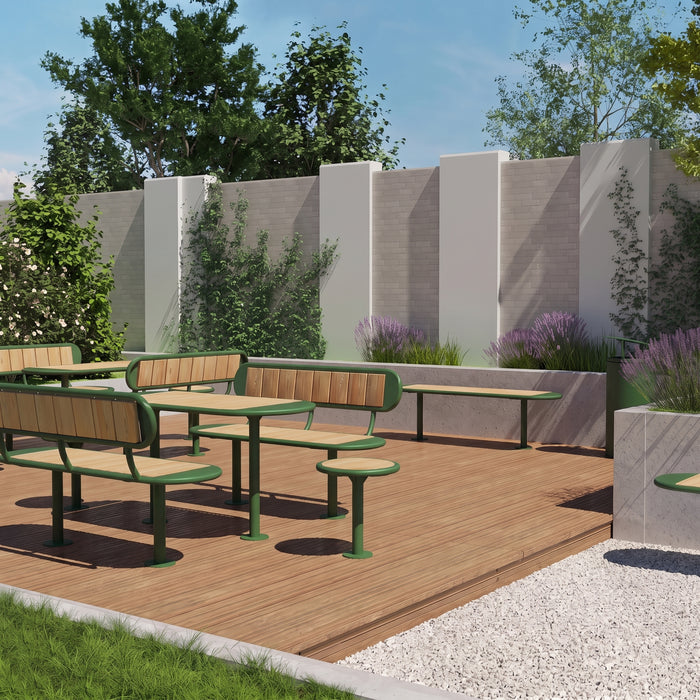Gewerbefabrik Tisch Roderath Holz Outdoor Stadtmobiliar Grün RAL 6018 Sitzgruppe