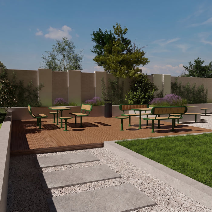 Gewerbefabrik Tisch Roderath Holz Outdoor Stadtmobiliar Grün RAL 6018 Szene