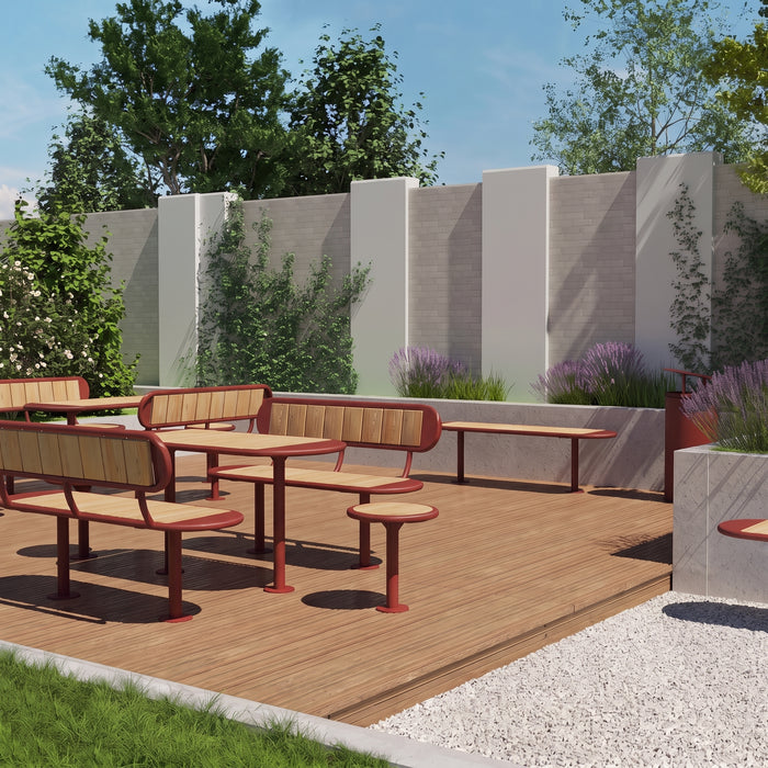 Gewerbefabrik Tisch Roderath Holz Outdoor Stadtmobiliar Rot RAL 3001 Sitzgruppe