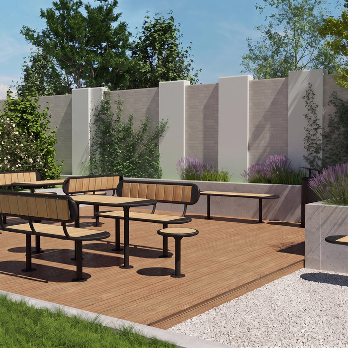 Gewerbefabrik Tisch Roderath Holz Outdoor Stadtmobiliar Schwarz RAL 9017 Sitzgruppe