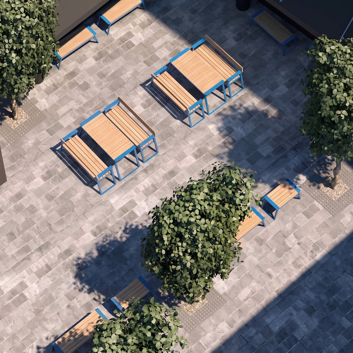 Gewerbefabrik Tisch Rottleben Holz Outdoor Stadtmobiliar Blau RAL 5005 Szene