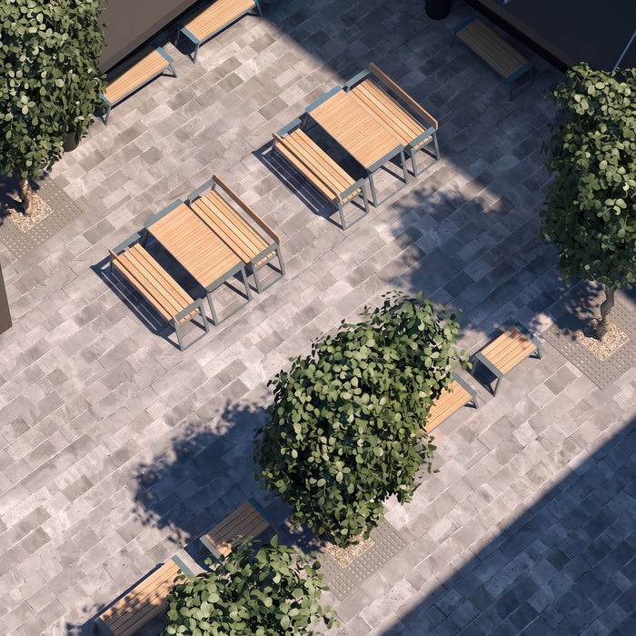 Gewerbefabrik Tisch Rottleben Holz Outdoor Stadtmobiliar Grau RAL 7011 Szene