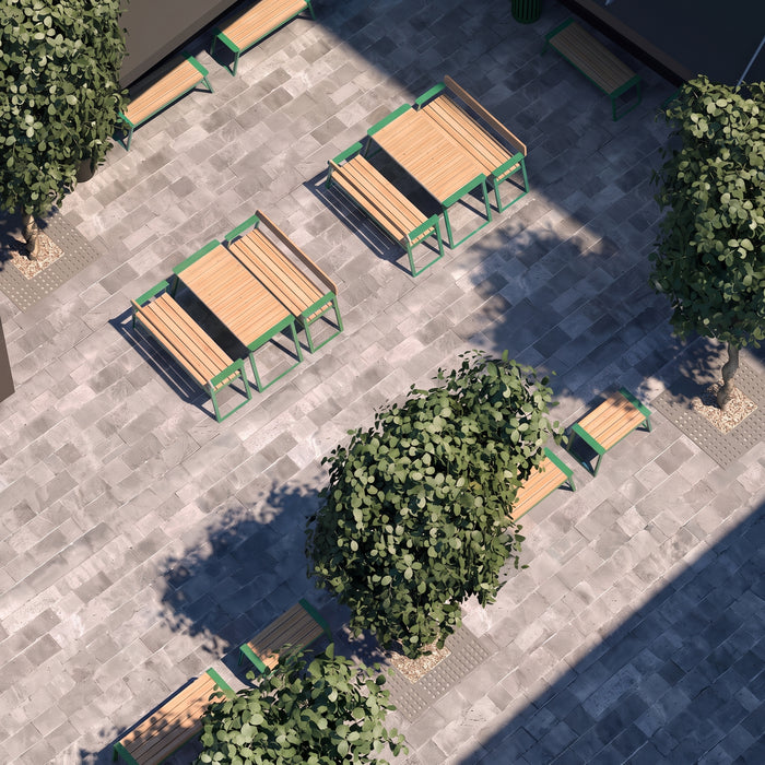 Gewerbefabrik Tisch Rottleben Holz Outdoor Stadtmobiliar Grün RAL 6018 Szene