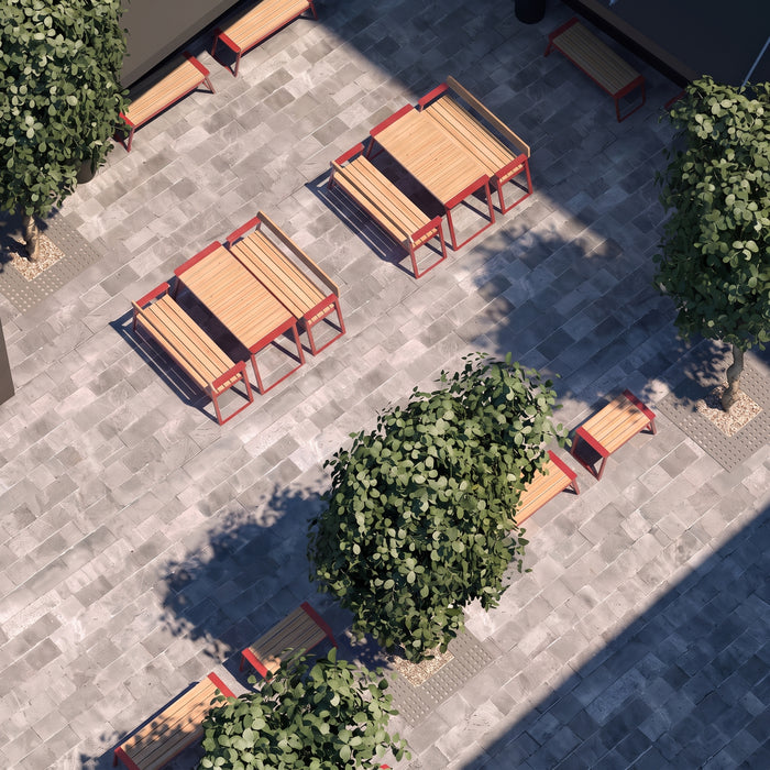 Gewerbefabrik Tisch Rottleben Holz Outdoor Stadtmobiliar Rot RAL 3001 Szene