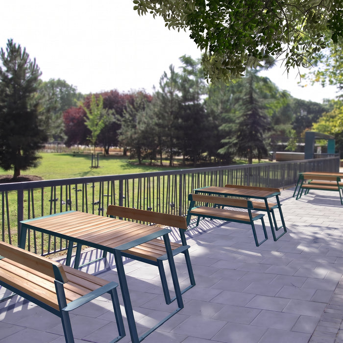 Gewerbefabrik Tisch Rottorf Holz Outdoor Stadtmobiliar Blau RAL 5005 Sitzgruppe