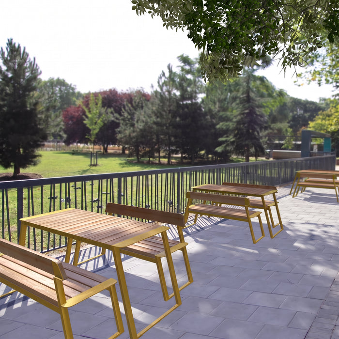 Gewerbefabrik Tisch Rottorf Holz Outdoor Stadtmobiliar Gelb RAL 1028 Sitzgruppe