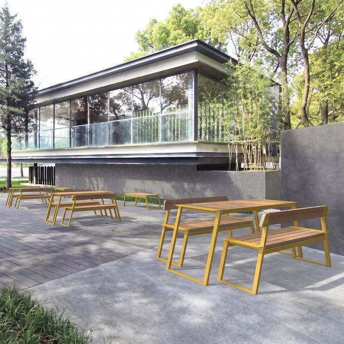Gewerbefabrik Tisch Rottorf Holz Outdoor Stadtmobiliar Gelb RAL 1028 Szene