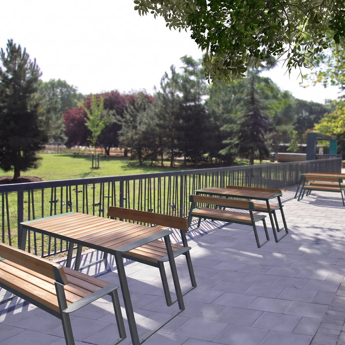Gewerbefabrik Tisch Rottorf Holz Outdoor Stadtmobiliar Grau RAL 7011 Sitzgruppe