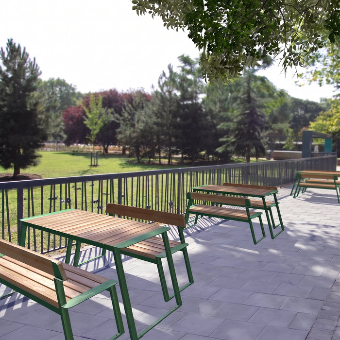 Gewerbefabrik Tisch Rottorf Holz Outdoor Stadtmobiliar Grün RAL 6018 Sitzgruppe