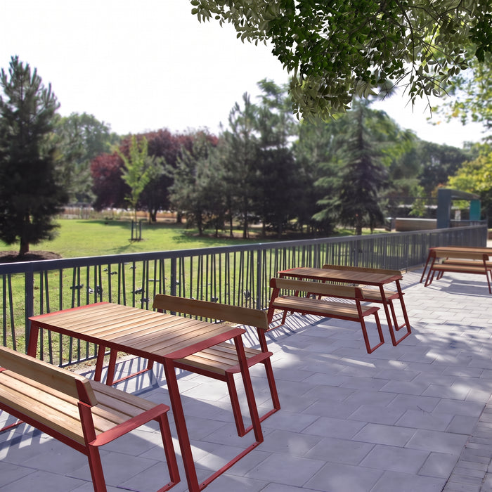 Gewerbefabrik Tisch Rottorf Holz Outdoor Stadtmobiliar Rot RAL 3001 Sitzgruppe