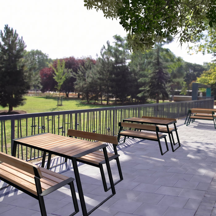 Gewerbefabrik Tisch Rottorf Holz Outdoor Stadtmobiliar Schwarz RAL 9017 Sitzgruppe