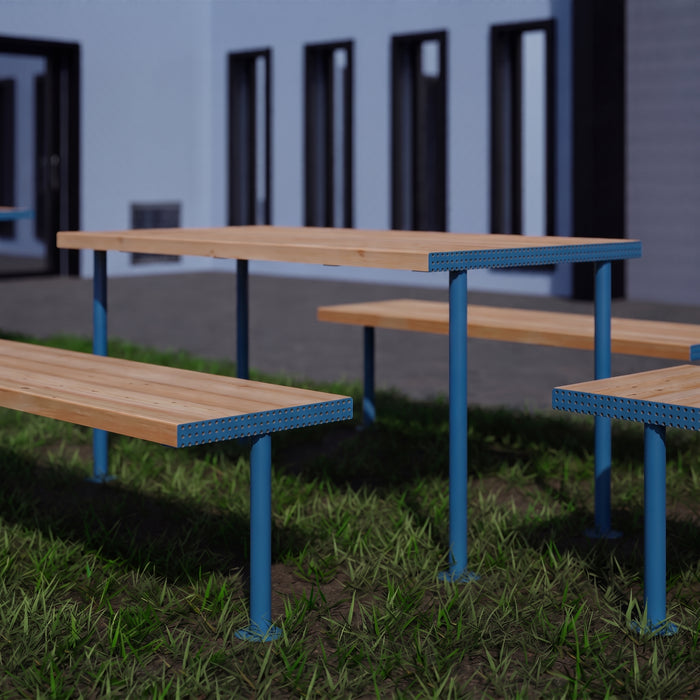 Gewerbefabrik Tisch Trebendorf Holz Outdoor Stadtmobiliar Blau RAL 5005 Sitzgruppe