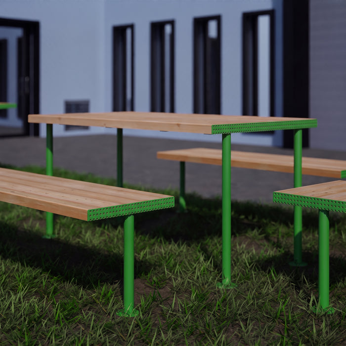 Gewerbefabrik Tisch Trebendorf Holz Outdoor Stadtmobiliar Grün RAL 6018 Sitzgruppe
