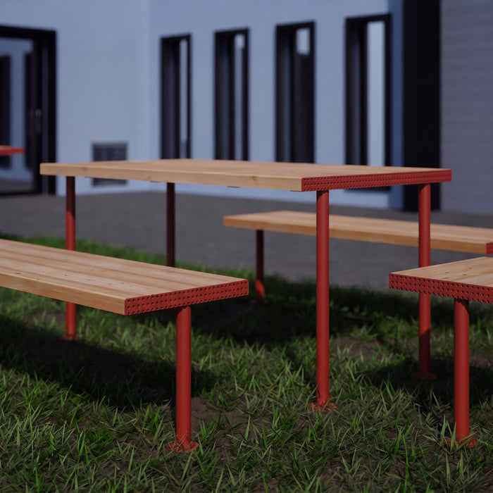 Gewerbefabrik Tisch Trebendorf Holz Outdoor Stadtmobiliar Rot RAL 3001 Sitzgruppe