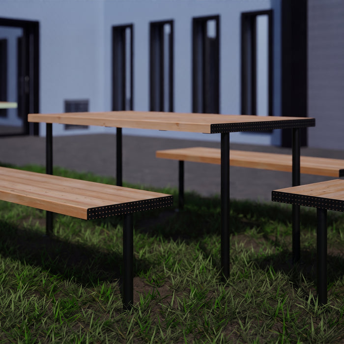 Gewerbefabrik Tisch Trebendorf Holz Outdoor Stadtmobiliar Schwarz RAL 9017 Sitzgruppe