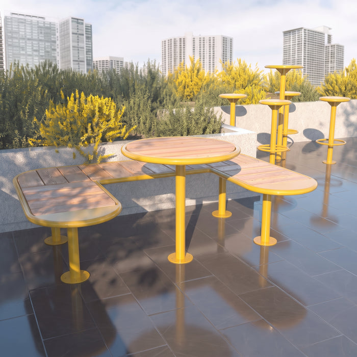 Gewerbefabrik Tisch Walshausen Holz Outdoor Stadtmobiliar Gelb RAL 1028 Szene