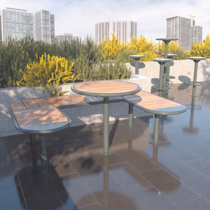 Gewerbefabrik Tisch Walshausen Holz Outdoor Stadtmobiliar Grau RAL 7011 Szene