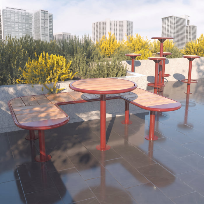 Gewerbefabrik Tisch Walshausen Holz Outdoor Stadtmobiliar Rot RAL 3001 Szene