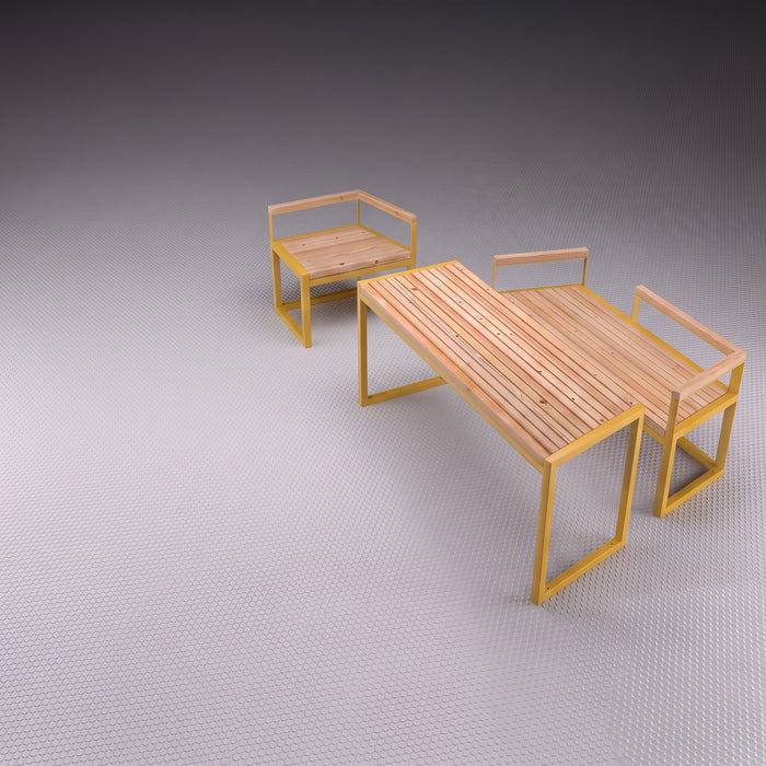Gewerbefabrik Tisch Wernigerode Holz Outdoor Stadtmobiliar Gelb RAL 1028 Sitzgruppe