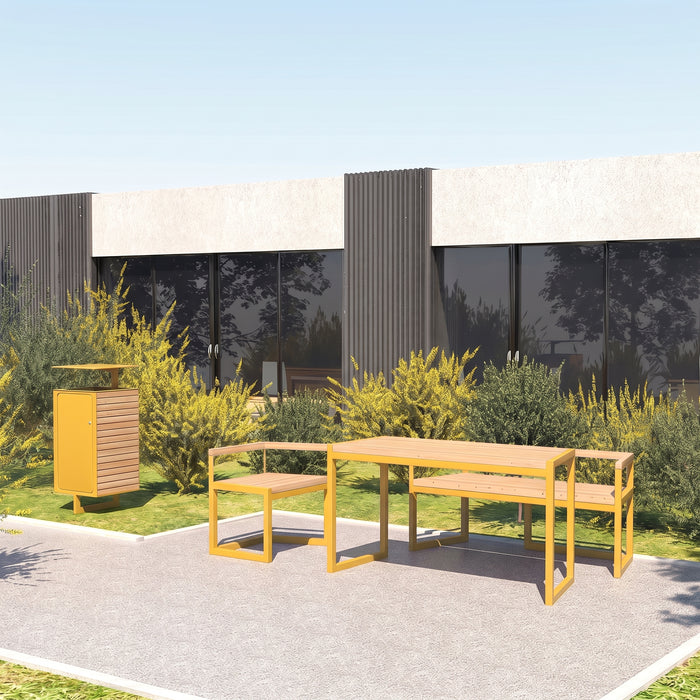 Gewerbefabrik Tisch Wernigerode Holz Outdoor Stadtmobiliar Gelb RAL 1028 Szene