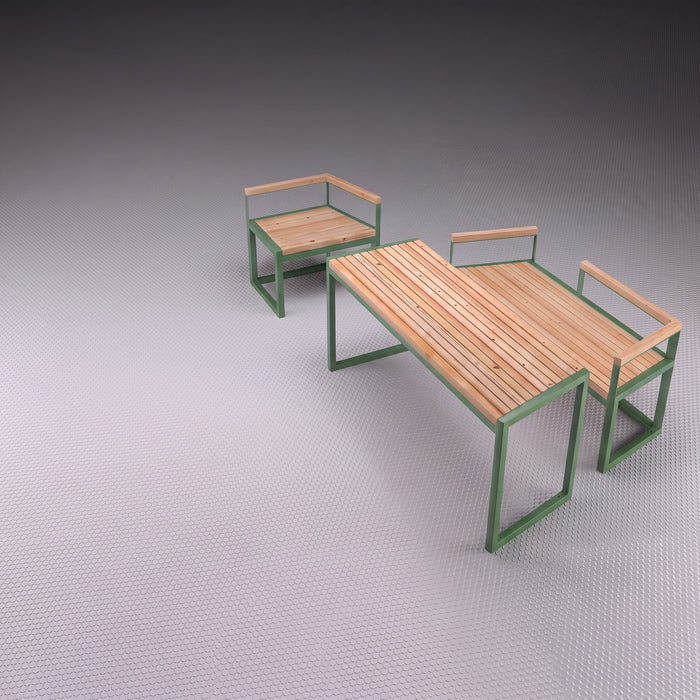 Gewerbefabrik Tisch Wernigerode Holz Outdoor Stadtmobiliar Grün RAL 6018 Sitzgruppe