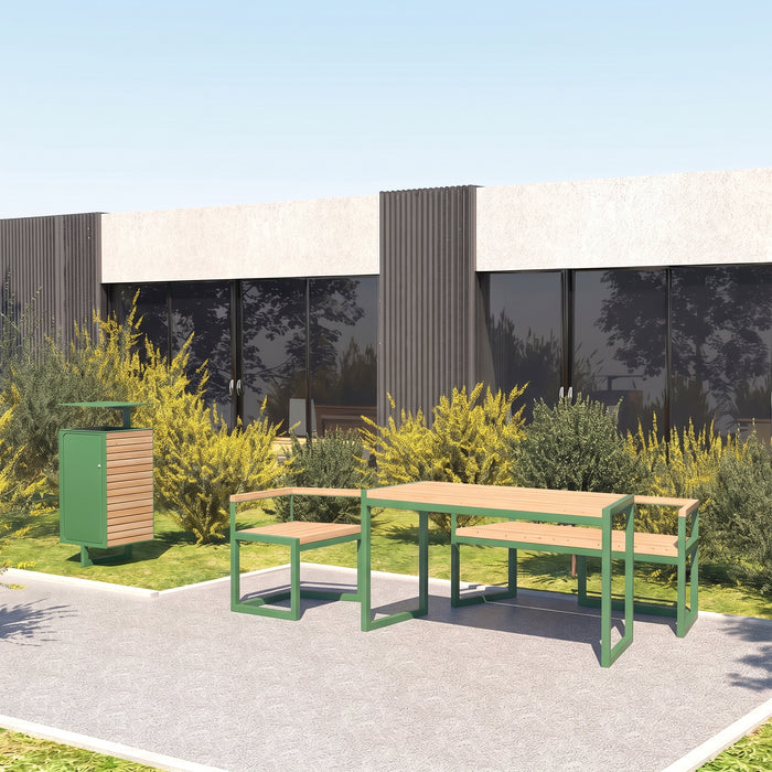 Gewerbefabrik Tisch Wernigerode Holz Outdoor Stadtmobiliar Grün RAL 6018 Szene