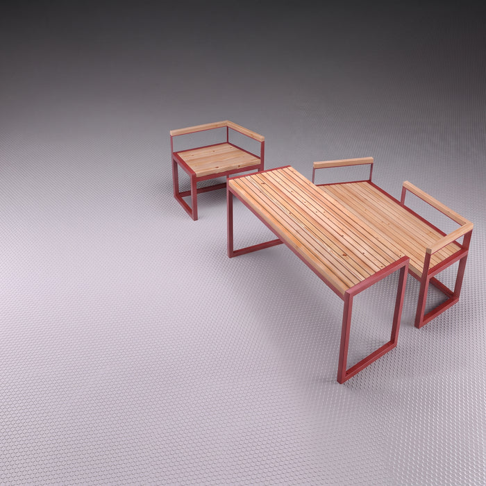 Gewerbefabrik Tisch Wernigerode Holz Outdoor Stadtmobiliar Rot RAL 3001 Sitzgruppe