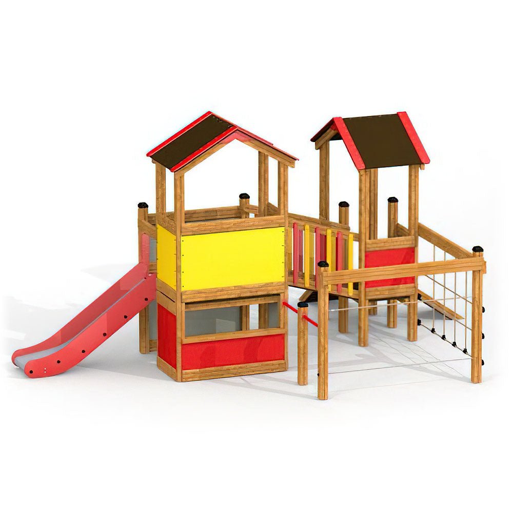 Spielturm Mick, aus Holz Lärche, kletter, Gewerbefabrik